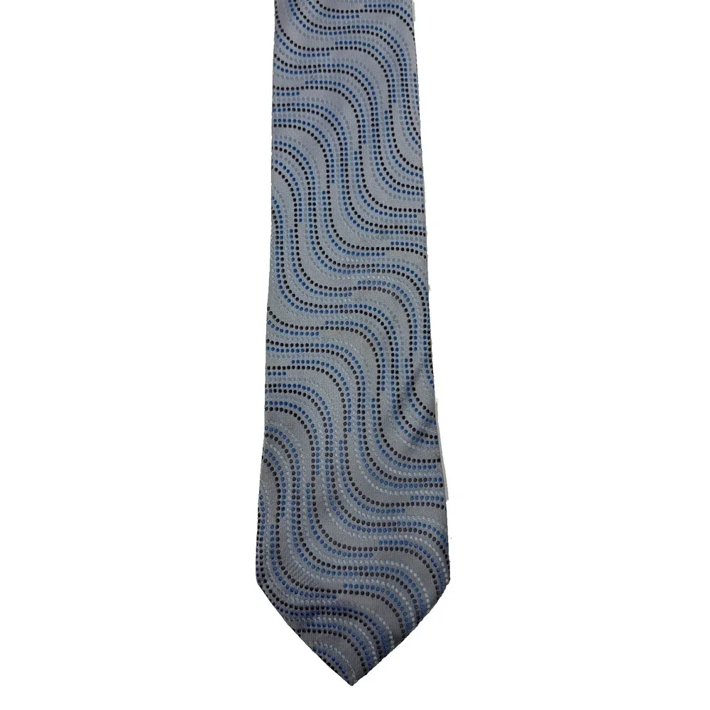 CROFT & BARROW Silk Necktie Wave Dot‎ Pattern Gray Blue Stain Resistant